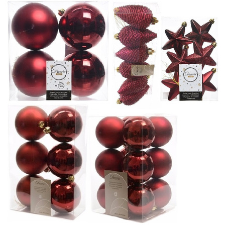 Kerstversiering kunststof kerstballen donkerrood 6-8-10 cm pakket van 62x stuks