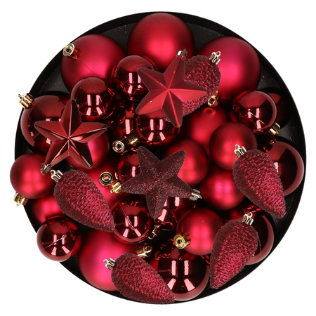 Kerstversiering kunststof kerstballen donkerrood 6-8-10 cm pakket van 68x stuks