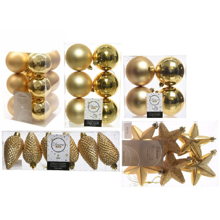 Kerstversiering kunststof kerstballen goud 6-8-10 cm pakket van 62x stuks