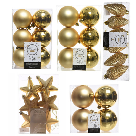 Kerstversiering kunststof kerstballen goud 6-8-10 cm pakket van 68x stuks