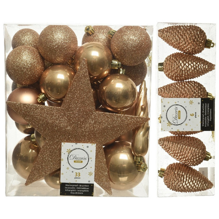 Christmas decorations baubles with topper 5-6-8 cm set camel brown 39x pieces