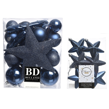 Kerstversiering kunststof kerstballen met piek donkerblauw 5-6-8 cm pakket van 39x stuks