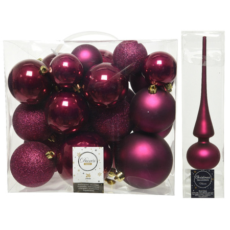 Christmas decorations baubles with topper 6-8-10 cm set raspberry pink 27x pieces