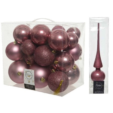 Christmas decorations baubles with topper 6-8-10 cm set old pink 27x pieces