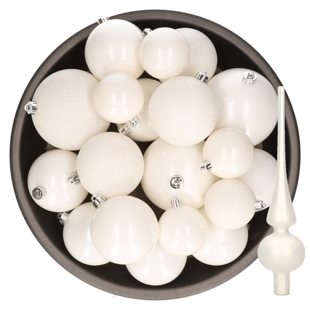 Christmas decorations baubles with topper 6-8-10 cm set winter white 27x pieces