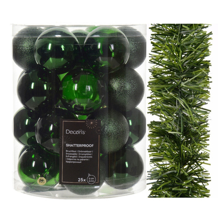 Christmas tree decoration set - dark green- baubles 6 cm and garland - plastic