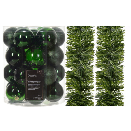 Christmas tree decoration set - dark green- baubles 6 cm and garlands - plastic