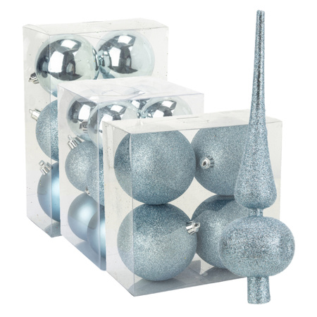 Kerstversiering set kerstballen met piek ijsblauw 6 - 8 - 10 cm - pakket van 40x stuks