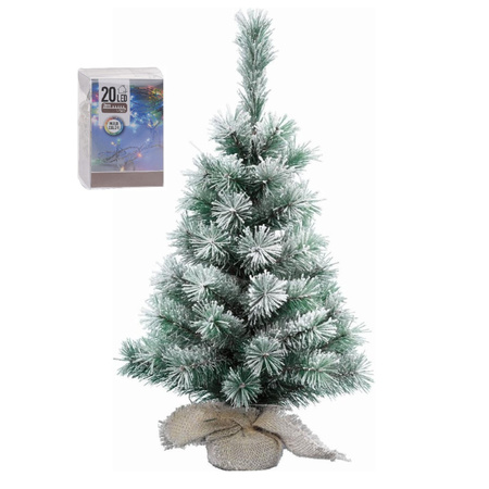 Kunst kerstboom met sneeuw 35 cm in jute zak inclusief 20 gekleurde lampjes