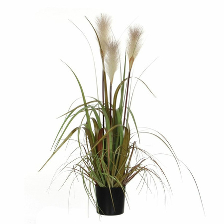 Artificial grass plants green/cream in plastic plug pot black H81 x D40 cm