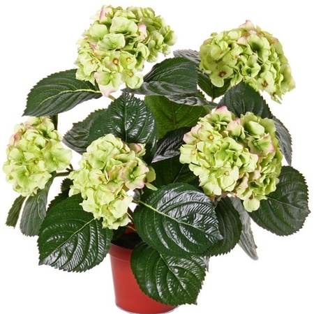 Hortensia kunstplant/kunstbloemen 36 cm - groen/roze - in pot rood glans