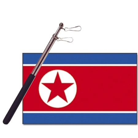Country flag Noord Korea - 90 x 150 cm - with compact telescoop stick - waveflags for supporters