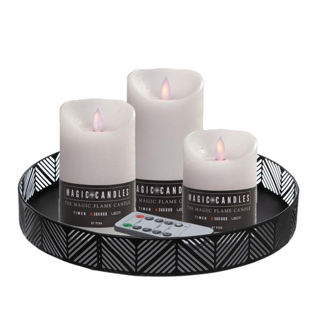 LED candles - set 3x pcs - white - with black metal tray 29,5 cm
