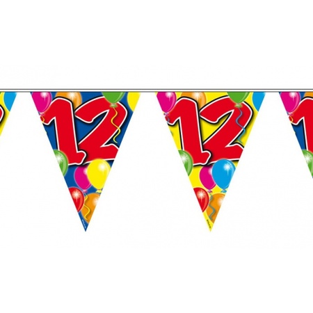 Verjaardag 12 jaar feest thema set 50x ballonnen en 2x leeftijd print vlaggenlijnen