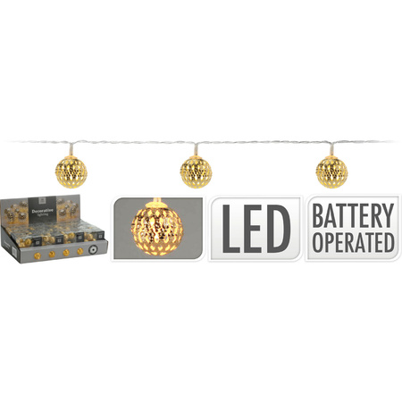 Lichtslinger/lichtsnoer met 10 decoratieve metalen balletjes goud 100 cm op batterijen