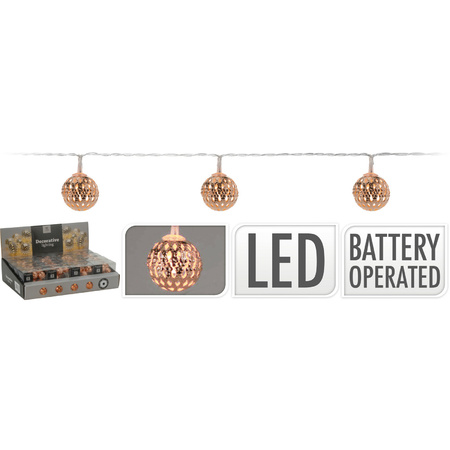 Lichtslinger/lichtsnoer met 10 decoratieve metalen balletjes koper 100 cm op batterijen