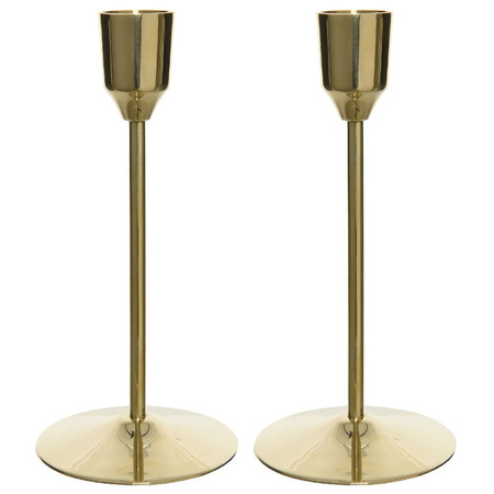 Candle holders set 2x aluminium gold 15 cm with 12x ivory white candles 25 cm
