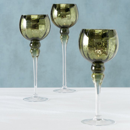 Glass design candles holders/windlights set of 3x metallic olive green 30-40 cm
