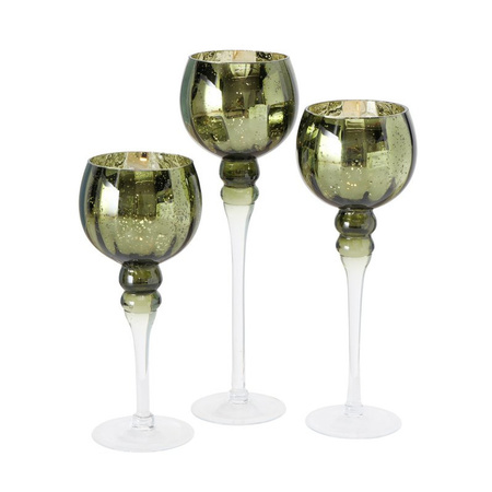 Glass design candles holders/windlights set of 3x metallic olive green 30-40 cm