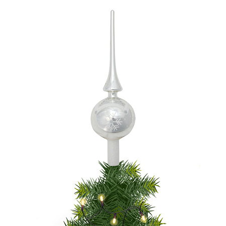 Luxury glass tree topper silver with snowflake 28 cm
