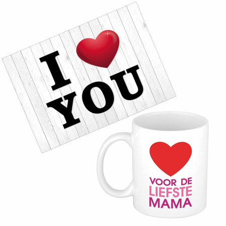 Mama jarig/Moederdag cadeau drink mok/beker + Love you wenskaart