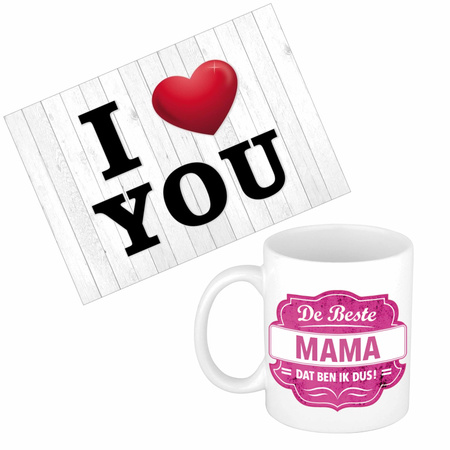 Mama jarig/Moederdag cadeau drink mok/beker + Love you wenskaart