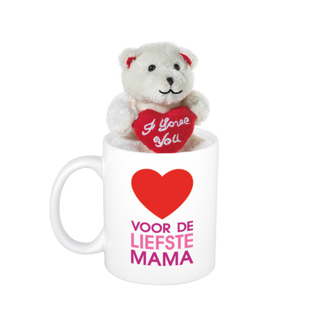 Mother gift the best mama cup / mug 300 ml with beige teddy bear with love heart