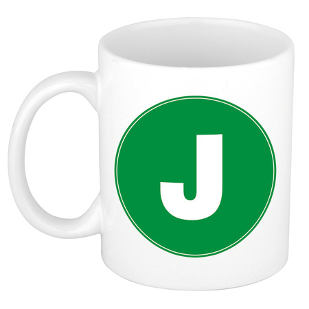 Mok / beker met de letter J groene bedrukking voor het maken van een naam / woord of team