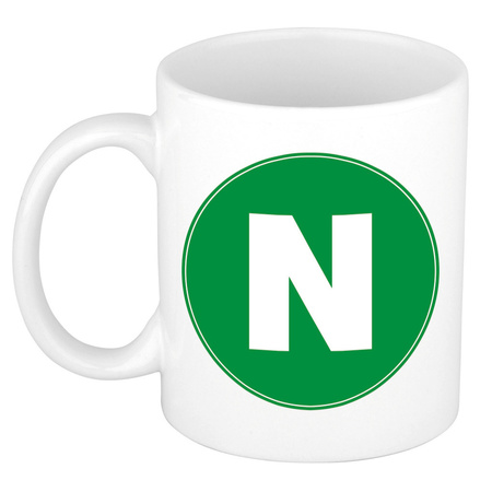 Letter N green print coffee mug / tea cup 300 ml
