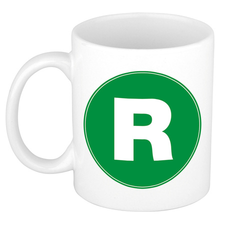 Mok / beker met de letter R groene bedrukking voor het maken van een naam / woord of team