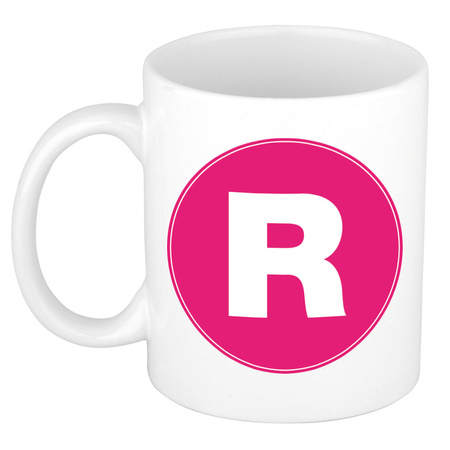 Mok / beker met de letter R roze bedrukking voor het maken van een naam / woord of team