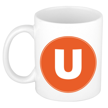 Letter U orange print coffee mug / tea cup 300 ml