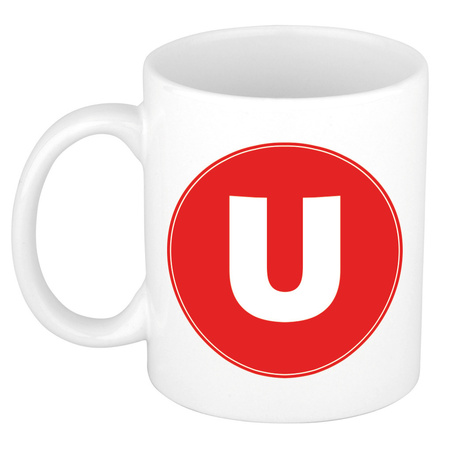 Letter U red print coffee mug / tea cup 300 ml