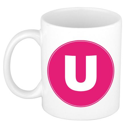 Letter U pink print coffee mug / tea cup 300 ml