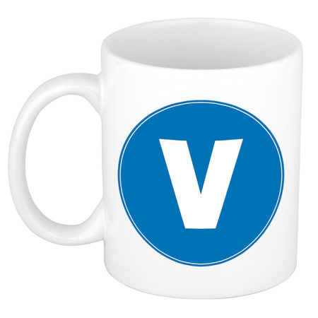 Letter V blue print coffee mug / tea cup 300 ml