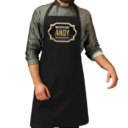 Naam cadeau master chef schort Andy zwart - keukenschort cadeau 
