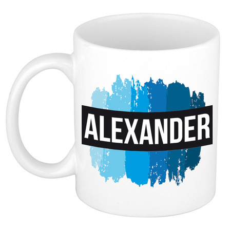 Naam cadeau mok / beker Alexander met blauwe verfstrepen 300 ml