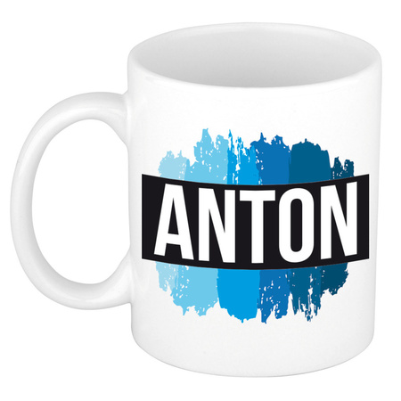 Naam cadeau mok / beker Anton met blauwe verfstrepen 300 ml