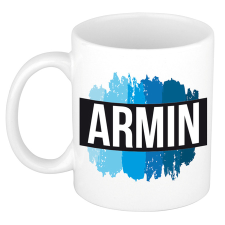 Naam cadeau mok / beker Armin met blauwe verfstrepen 300 ml