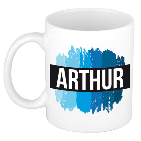 Naam cadeau mok / beker Arthur met blauwe verfstrepen 300 ml