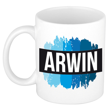Name mug Arwin with blue paint marks  300 ml
