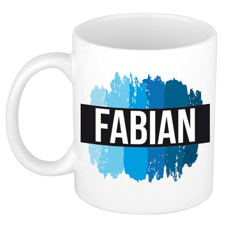 Naam cadeau mok / beker Fabian met blauwe verfstrepen 300 ml