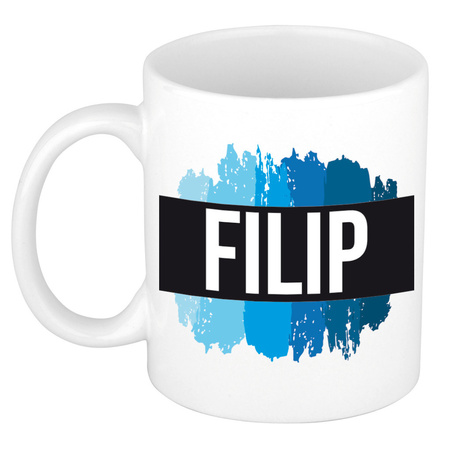 Name mug Filip with blue paint marks  300 ml