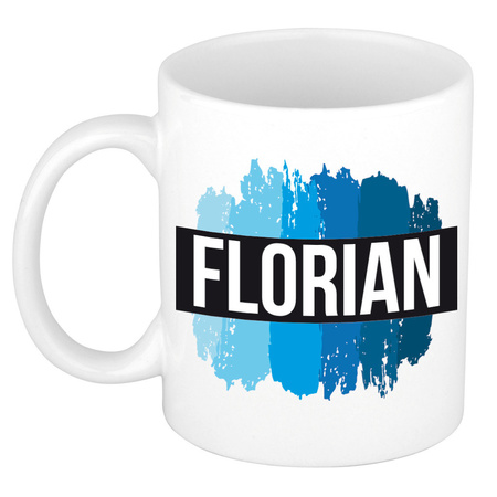 Naam cadeau mok / beker Florian met blauwe verfstrepen 300 ml