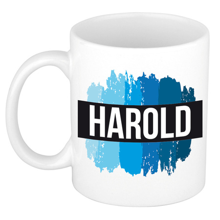 Naam cadeau mok / beker Harold met blauwe verfstrepen 300 ml