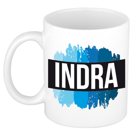 Naam cadeau mok / beker Indra met blauwe verfstrepen 300 ml