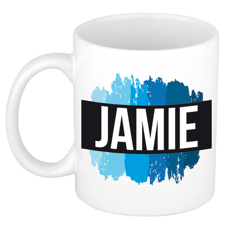 Name mug Jamie with blue paint marks  300 ml