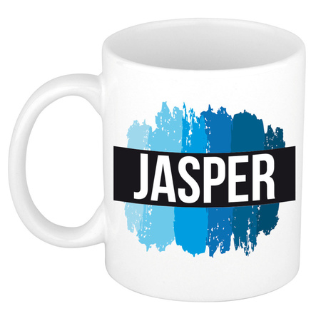 Naam cadeau mok / beker Jasper met blauwe verfstrepen 300 ml