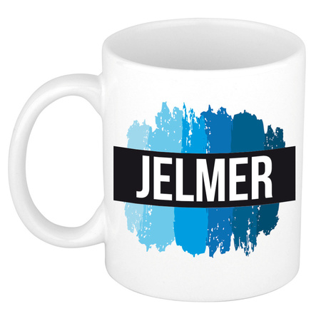 Name mug Jelmer with blue paint marks  300 ml