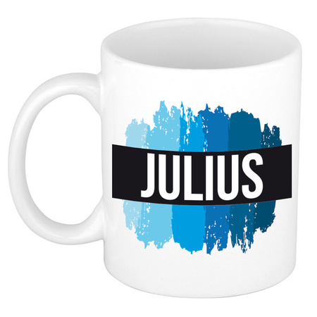 Naam cadeau mok / beker Julius met blauwe verfstrepen 300 ml